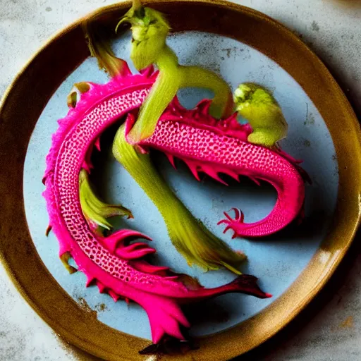 Prompt: dragon - shaped dragon fruit, food photography, award - winning