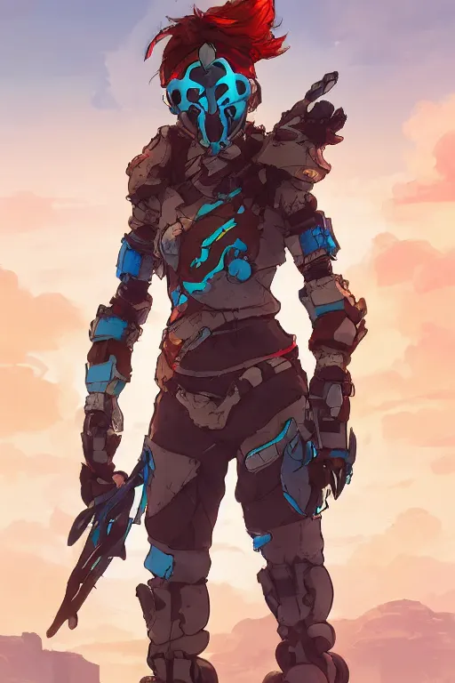 Image similar to combination suit armor aloy horizon forbidden west horizon zero dawn robot ninja mask helmet backpack tribal, art gta 5 comics, official fanart behance hd artstation by jesper ejsing, by rhads, makoto shinkai and lois van baarle, ilya kuvshinov, ossdraws radiating a glowing aura cgi rtx 2 0 2 2