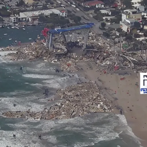 Prompt: santa monica pier completely destroyed, helicopter coverage, photo from above, news coverage, sadness, cnn news