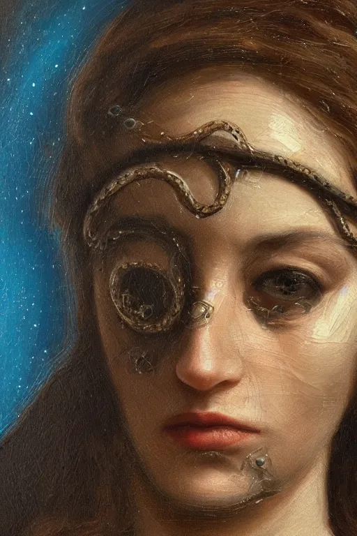 Image similar to hyperrealism oil painting, close - up portrait of face from a tangle of snakes medieval fashion model, knight, steel gradient mixed with nebula sky, in style of baroque