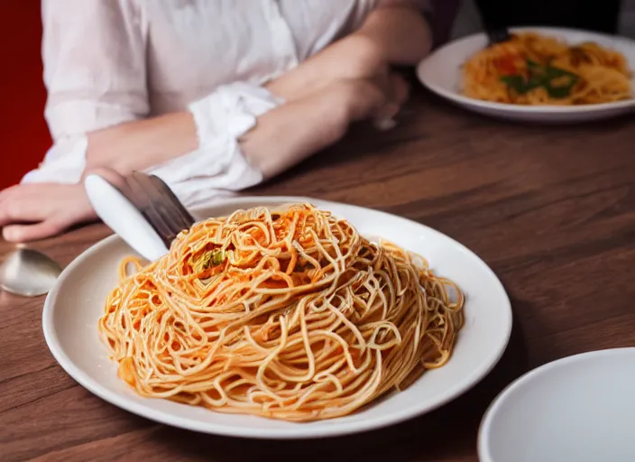 Image similar to photo of a hamster eating spaghetti, at night, candlelit restaurant table, various poses, unedited, soft light, centered, sharp focus, 8 k