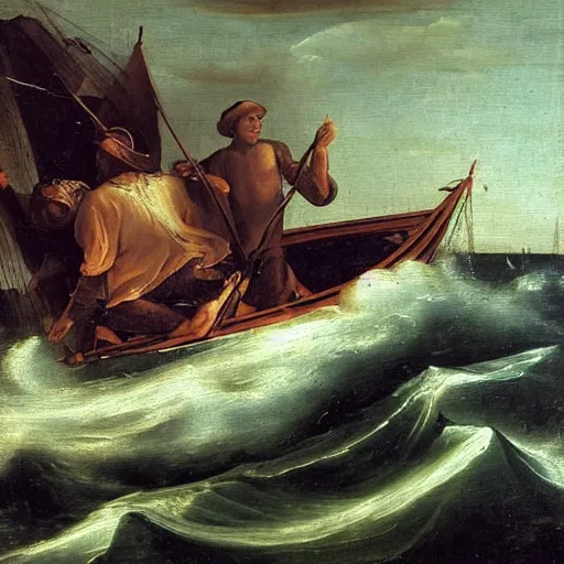 Image similar to a renaissance style oil painting of an old man, a marlin, and a boat in a turbulent sea. The old man is in the center of the image, with the marlin on the left and the boat on the right. He is leaning back, using all his strength to reel in the marlin. His face is sweaty and strained, and his arms are shaking. The marlin is huge, and its body is thrashing around in the water. The boat is small and insignificant compared to the marlin, and it is being pulled towards the fish. The overall effect is one of drama and suspense.