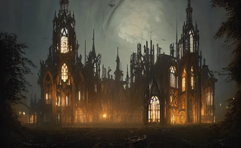 Image similar to exterior shot of utopian gothic steampunk victorian english architecture with cinematic lighting by zaha hadid peter zumthor and renzo piano and, darek zabrocki and greg ruthkowski, simon stalenhag, cinematic, holy place, paradise, scifi, futurism, atmospheric, concept art, artstation, trending on artstation