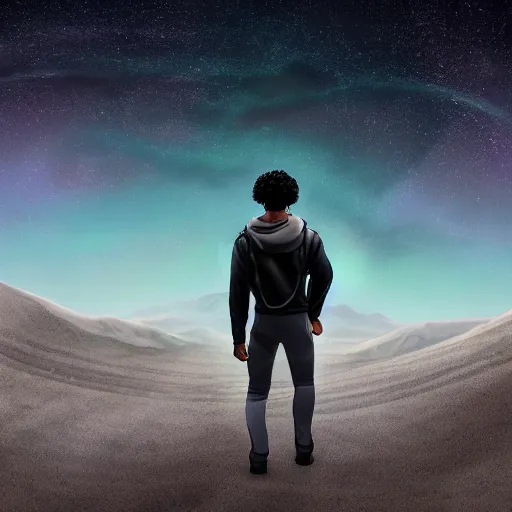 Prompt: a black man with long curly hair, with his back turned, walking into a deep dark florest, Andromeda Galaxy far on the background, very realistic digital art, wide panoramic shot, 8k, 4k, realistic, detailed, artstationHD, artstationHQ