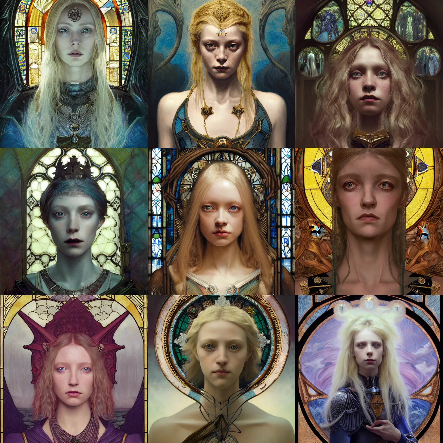 Prompt: masterpiece head-on symmetrical centered portrait, Portia Doubleday as a Gothic Knight, blonde hair, gothic stained glass style, tarot card style, elegant, distant, in the style of Edgar Maxence and Ross Tran and Zdzisław Beksiński and Michael Whelan and Mucha and Gustave Doré, specular highlights, 8k, octane render