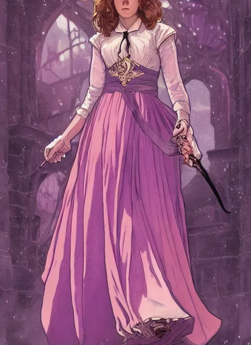 Image similar to hermione! granger! at hogwarts!! at the yule ball wearing pink and purple dress. emma watson. beautiful detailed face. by artgerm and greg rutkowski and alphonse mucha