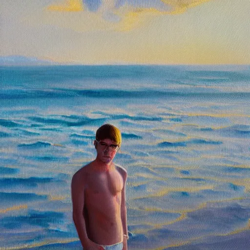 Image similar to an influencer teen guy portrait, sunset, ocean in distance, oil painting, pale colors, high detail, 8 k, wide angle, trending on artstation,