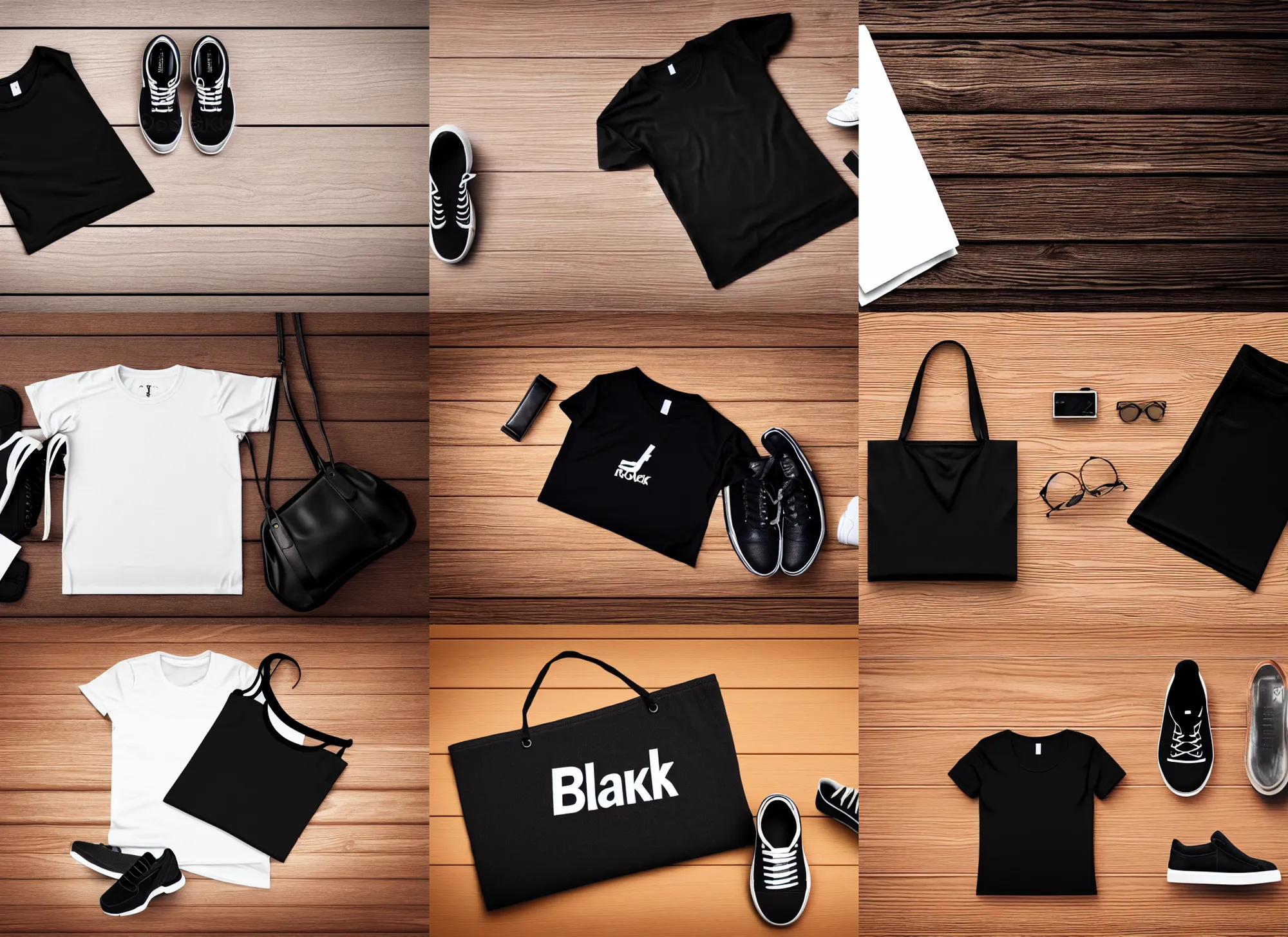 Prompt: clear photorealistic mockup product photograph of a blank black tshirt on a wooden background next to a handbag and a pair of sneakers