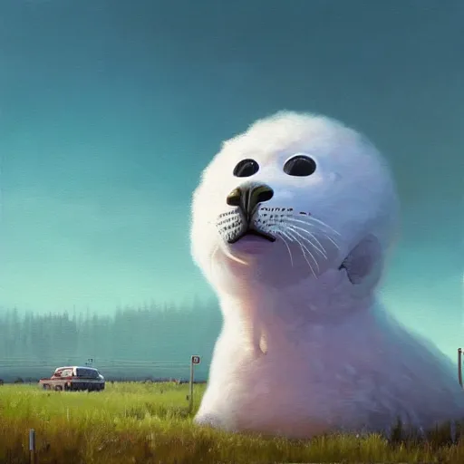 Prompt: an intricate oil painting of a giant cute white furry baby seal with by simon stalenhag