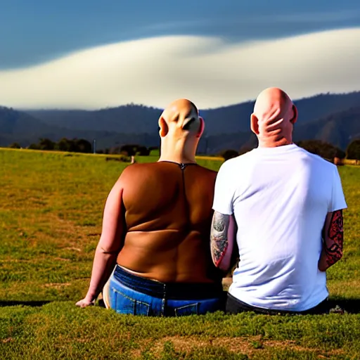 Image similar to portrait of a bald white male tattoos and his white female wife with tattoos. male is wearing a white t - shirt, tan shorts, white long socks. female is tall and has long brown hair photo from behind them overlooking the field with a goat pen. rolling hills in the background of california and a partly cloudy sky