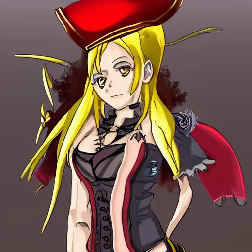 Prompt: advanced digital anime character art, female pirate captain with a yellow and a red eye , res brown hair wearing a corset and large pirate hat with feathers. —H 768