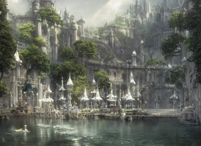 Prompt: A port near the ocean in a beautiful elven city made of white marble, anime, lush trees, fountain, boats in the water, a fantasy digital painting by Greg Rutkowski and James Gurney, trending on Artstation, highly detailed