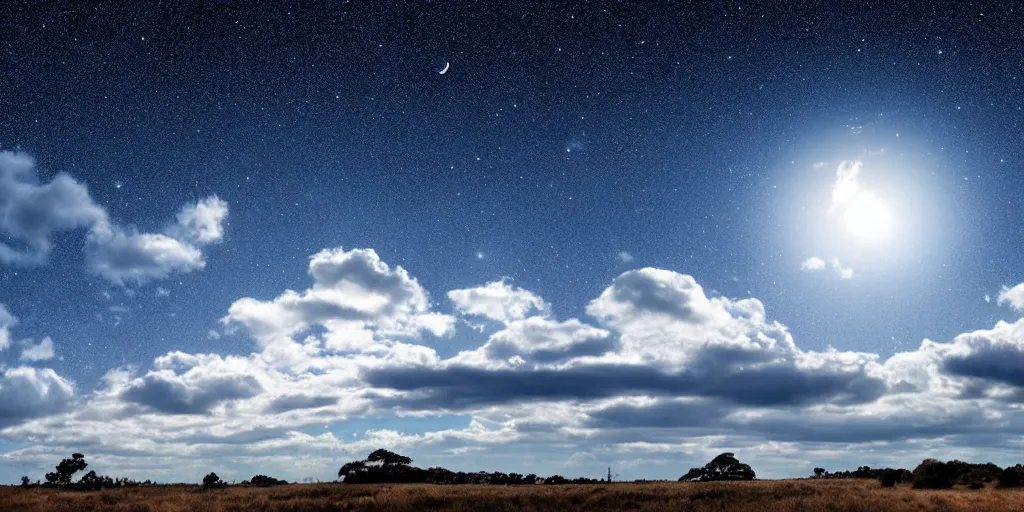 Image similar to skybox clear winter sky with puffy clouds, stars, moon, exr, hdri, polyhaven