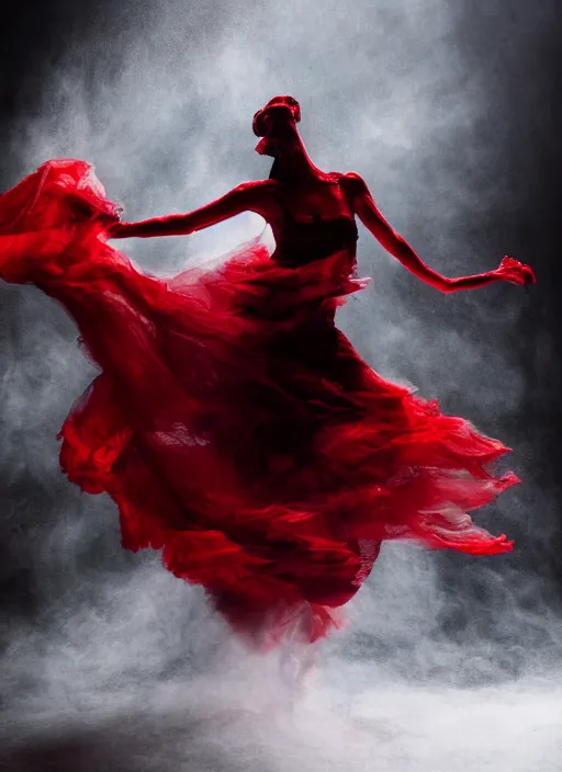 Image similar to a Photorealistic dramatic hyperrealistic render of a glamorous beautiful Lovecraftian monster smoke dancer wearing red by Ken Brower and Deborah Ory of NYC Dance project,Lois Greenfield,Flowing cloth and smoke,Beautiful dynamic dramatic dark moody lighting,volumetric,shadows,cinematic atmosphere,Octane render,8K