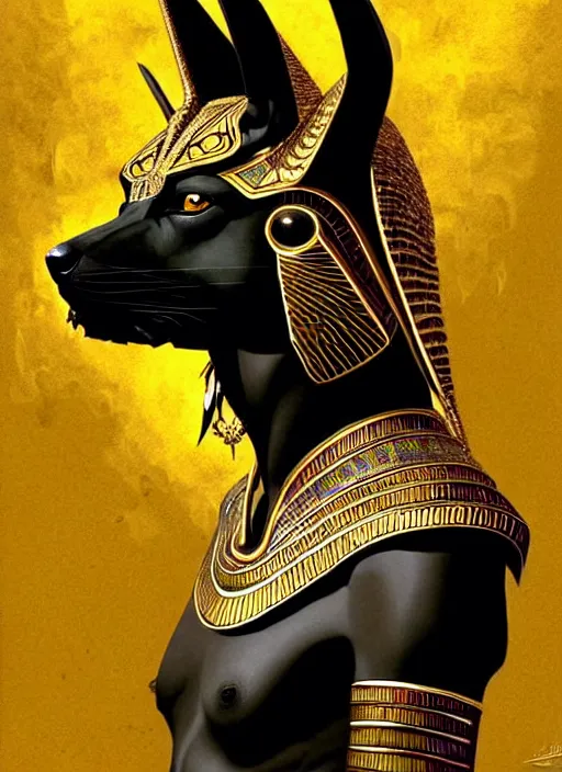 Image similar to angry god anubis, growling jackal with egyptian headdress and nemes, ornate art nouveau scarabs, black and gold palette, symmetry, fantasy, intricate, elegant, highly detailed, colorful, dark colors, dramatic shadow, digital painting, artstation, concept art, art by artgerm and greg rutkowski and ruan jia,