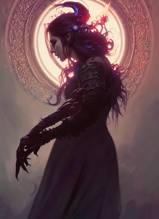 Image similar to Necromancer Sorceress, fantasy magic, undercut hairstyle, dark light night, intricate, elegant, sharp focus, illustration, highly detailed, digital painting, concept art, matte, art by WLOP and Artgerm and Greg Rutkowski and Alphonse Mucha, masterpiece