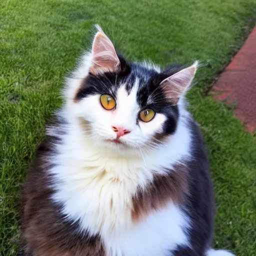 Image similar to a fluffy cute calico cat sitting on the corner of a front yard outside in the late afternoon on a beautiful summer day, sunset