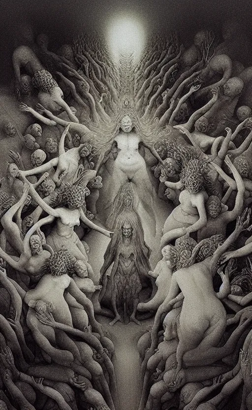 Image similar to photo of a vortex of gods and goddesses in their spiritual bodies rushing towards the inner light in the in - between state, dark gorgeous, great barrier reef, intricate photography, hyperrealistic in the style of zdzisław beksinski, francisco goya, hieronymus bosch, hyperdetailed, sharp focus, intricate, ambient lighting, 1 6 k, hyper quality,