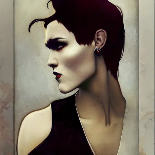 Image similar to stunning portrait of androgynous ruby rose as desire from sandman in a white tuxedo!!!, rockabilly style, by frank moth, by alphonse mucha, by jeremy mann, by peter lindbergh, dave mckean, white suit and black tie, soft lightning, high detailed, 8 k