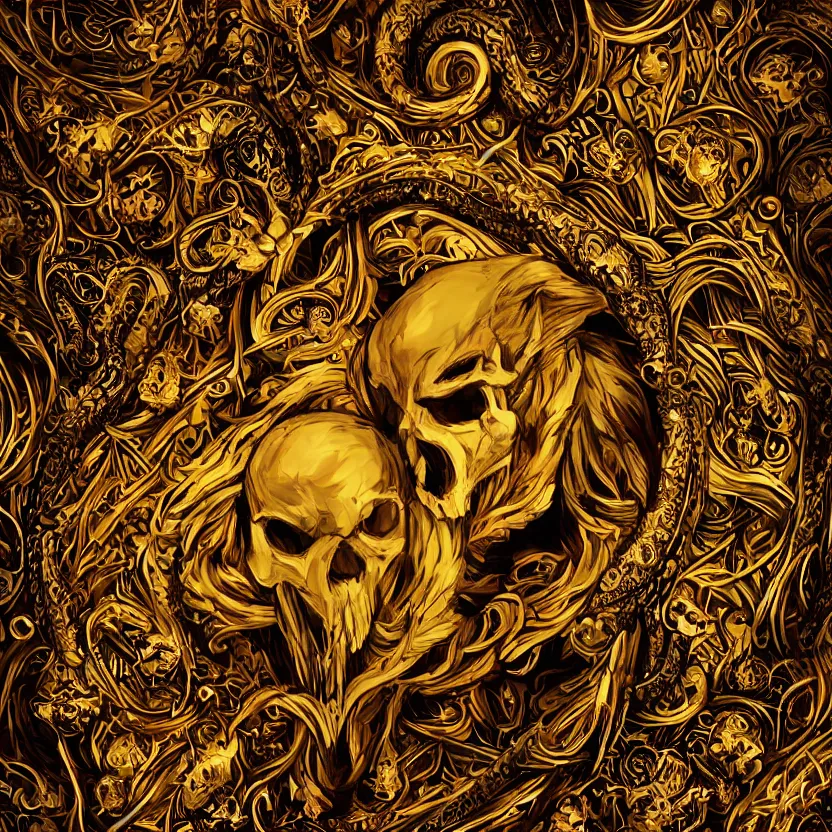 Image similar to photo of skull of wolf, lying on bones, dramatic lighting, circural, golden ornaments, symmetric, intricate skeletal decorations, symmetry, highly detailed, concept art, black, red, white, gold layers, centered, style of nekroxiii, hyperrealistic, dark background, smoke