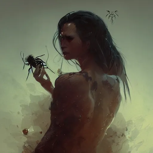 Image similar to portrait of a woman with long black hair and insects coming out of holes in her skin, trypophobia, dramatic lighting, illustration by Greg rutkowski, yoji shinkawa, 4k, digital art, concept art, trending on artstation