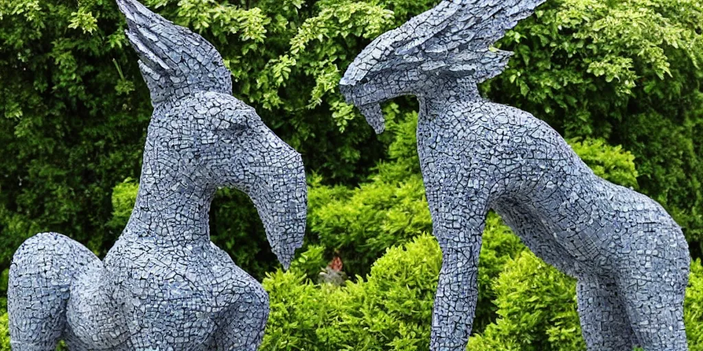 Prompt: art magazine photo, garden sculptures, concrete mosaic sculpture of a griffin, art by wouterina de raad!!!, art by james tellen