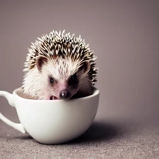 Image similar to baby hedgehog sitting in a teacup, photography, minimalistic, 8 k