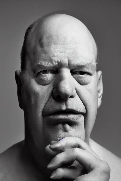 Image similar to studio portrait of man that looks excactly like homer simpson, lookalike, as if homer simpson came to life, soft light, black background, fine details, close - up, award winning photo by kenneth willardt