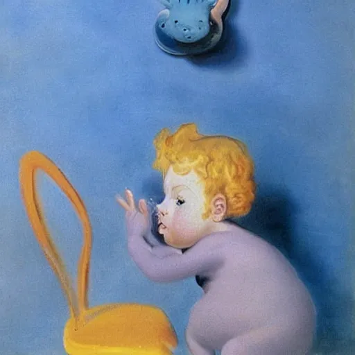 Image similar to A 2 year old girl playing with blue piglet, blond hair. Painting by Salvador Dali