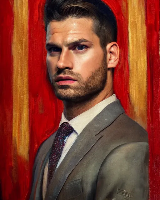 Image similar to oil painting portrait of patric bateman, serbian flag background, cinematic lighting, high production value, intricate details, high resolution, hdr, high definition, masterpiece, realistic, ultrarealistic, highly detailed, hd, sharp focus, non blurry, sharp, smooth