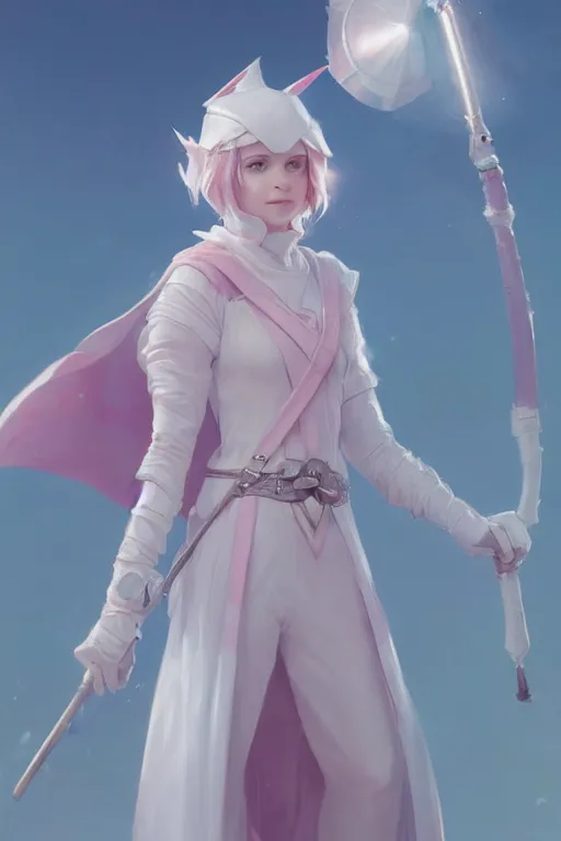 Image similar to portrait of a cute white mage girl with a staff in mage armor, soft, pink and blue, by tom bagshaw and atey ghailan and artgerm and and greg rutkowski, hyper realistic, octane render, trending on artstation