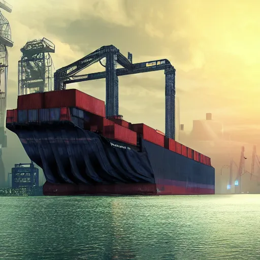 Image similar to photo of Immense industrial futuristic cargo ship arrives at cyber punk city sea port, cinematic lighting, photo