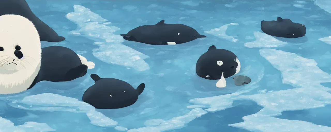 Image similar to a baby harp seal lying on ice looking worried, orcas in the water, atey ghailan, goro fujita, studio ghibli, rim light, ominous lighting, clear focus, very coherent,