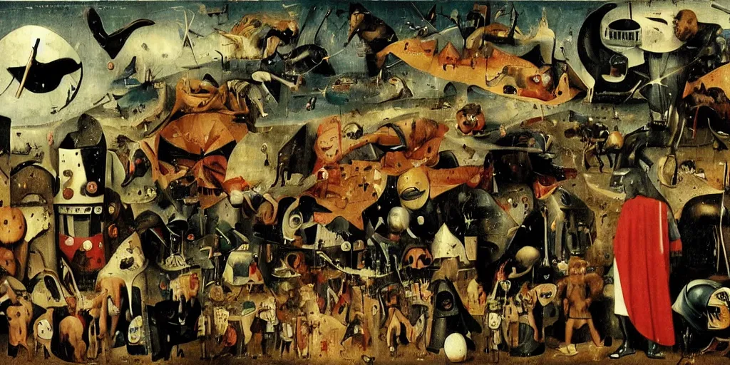 Image similar to Final scene of the Avengers movie by Hieronymus Bosch