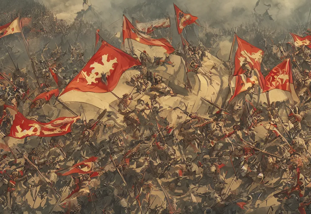 Image similar to handmade illustration of a small medieval battle, banners and flags, arrows, line art, ink, watercolor by Kilian Eng and by Jake Parker, winning-award masterpiece, fantastic, octane render, 8K HD Resolution, High quality image