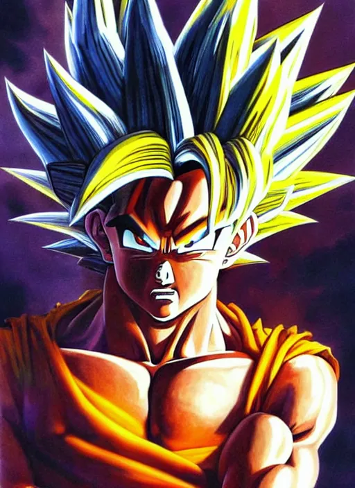 Prompt: a epic portrait of goku, art by boris vallejo and greg danton and denys tsiperko, detailed, hyperrealism, artstation