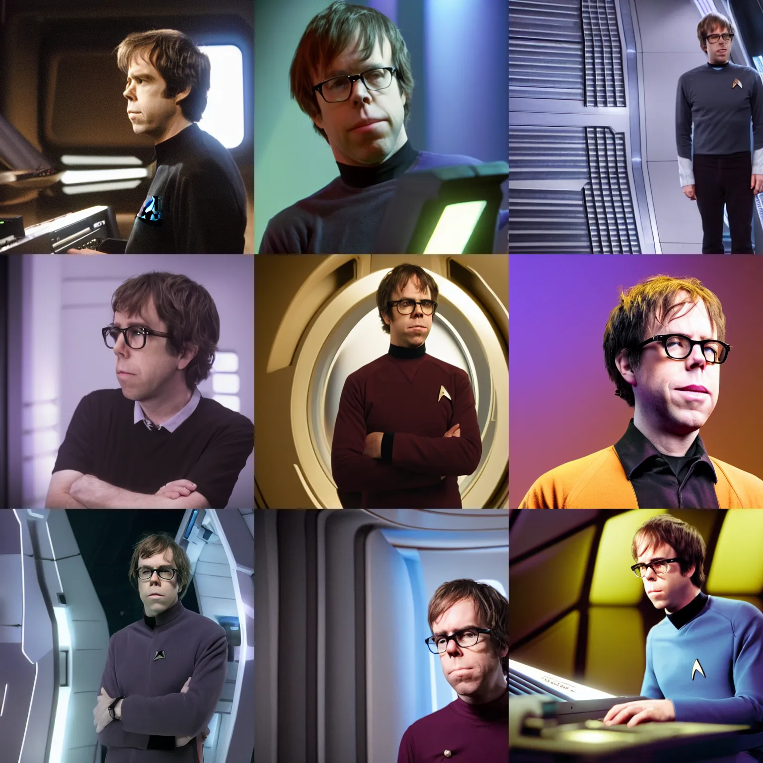 Prompt: Ben Folds in Star Trek, XF IQ4, f/1.4, ISO 200, 1/160s, 8K, Sense of Depth, color and contrast corrected, unedited, Dolby Vision, symmetrical balance, in-frame