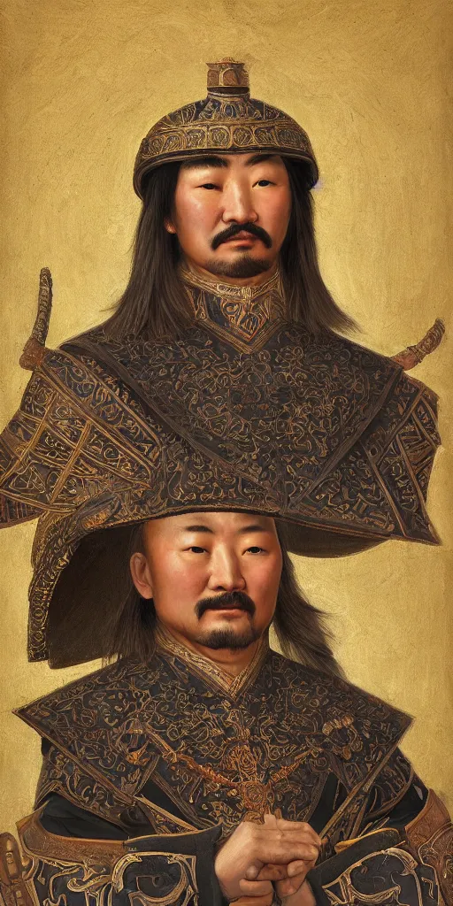 Image similar to a stunning and noble highly detailed romantic period style portrait of Genghis Khan by Josep Tapiró Baró, trending on artstation, oil painting masterpiece, symmetry, fractals, Mongolian iconography