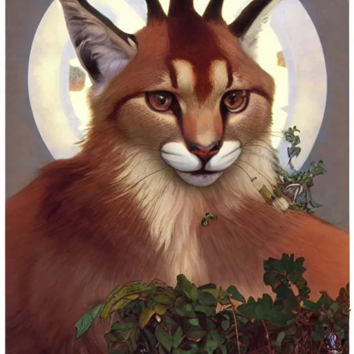 Prompt: laurel wreath lying on top of a cute fluffy caracal head, laurel wreath on his head, 8 k, alphonse mucha, james gurney, greg rutkowski, john howe, artstation