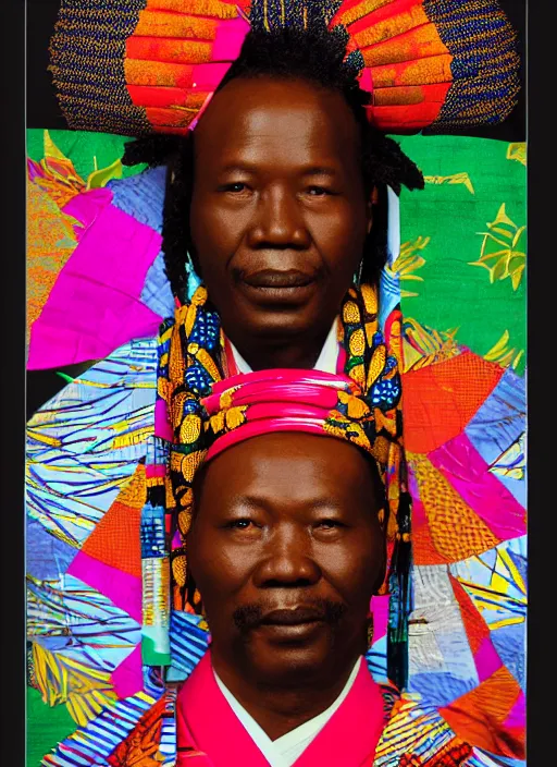 Prompt: an african chief wearing a Japanese Kimono, african facial features, full body shot, rembrandt lighting, black & white, colorful background, 35mm, magazine collage,