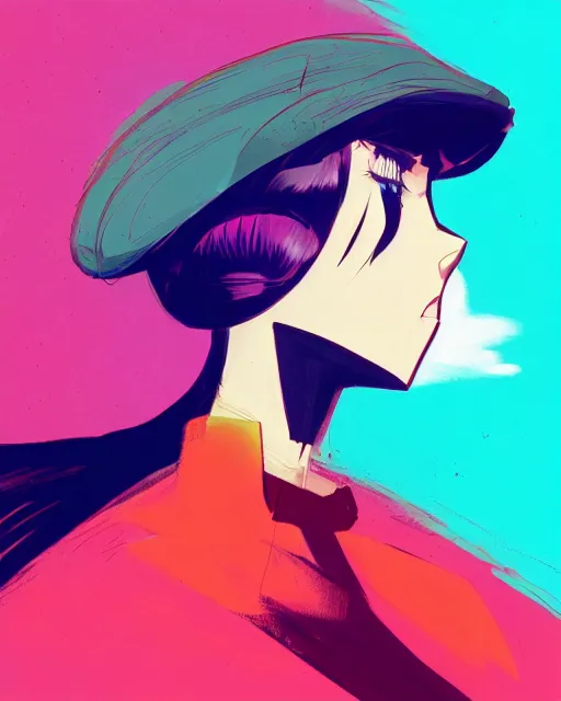 Image similar to girl with beret, colored manga panel, drawn by Anton Fadeev