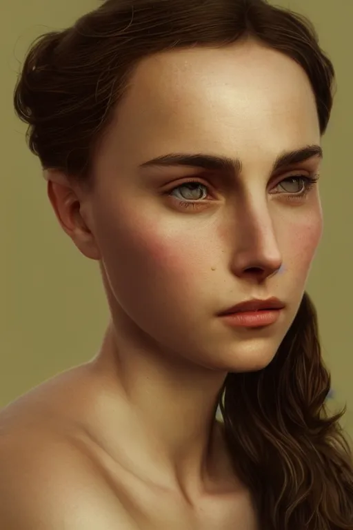 Image similar to a girl Nathalie Portman portrait, loving amber eyes, a shy face, unreal 5, hyperrealistic, octane render, Regal, Refined, Detailed Digital Art, RPG portrait, William-Adolphe Bouguereau, Michael Cheval, dynamic lighting, Highly Detailed, Cinematic Lighting, Unreal Engine, 8k, HD