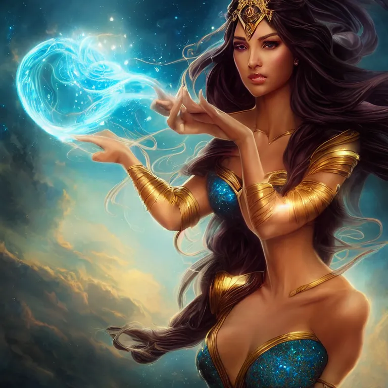 Image similar to beautiful cinematic fantasy poster, a beautiful princess goddess like princess jasmine with flowing illuminated hair, beautiful glowing galaxy eyes, wideshot ultrawide angle epic scale, hybrid from The Elden Ring and art direction by Darius Zawadzki ;by artgerm; wayne reynolds art station; cinematic quality character render; low angle; ultra high quality model; production quality cinema model;