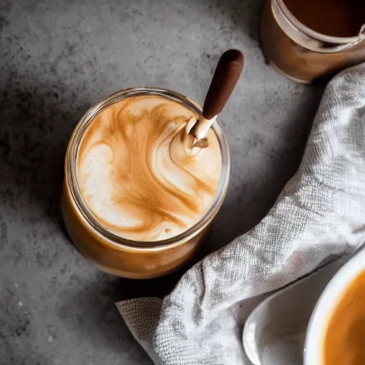 Prompt: close-up of nitro-cold-brew-coffee mixing with cream, perfect turbulence mixing cream-and-coffee, swirled, texture,