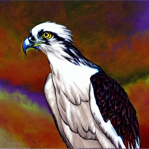 Image similar to extremely detailed cartoon osprey looking directly into camera psychedelic