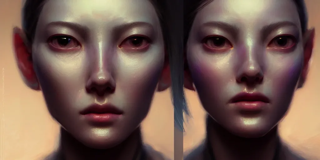 Image similar to the close up face portrait of a humanoid android looking to the camera terriefied, extremely detailed digital painting, in the style of fenghua zhong and ruan jia and jeremy lipking and peter mohrbacher, mystical colors, rim light, beautiful lighting, 8 k, stunning scene, raytracing, octane, trending on artstation