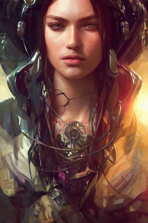 Image similar to ultra realistic illustration, dappled lighting, closeup portrait shot, perfect lighting, hacknaut cyberpunk, sci - fi, fantasy, intricate, elegant, deviantart, highly detailed, digital painting, artstation, concept art, smooth, sharp focus, illustration, art by artgerm and greg rutkowski and alphonse mucha