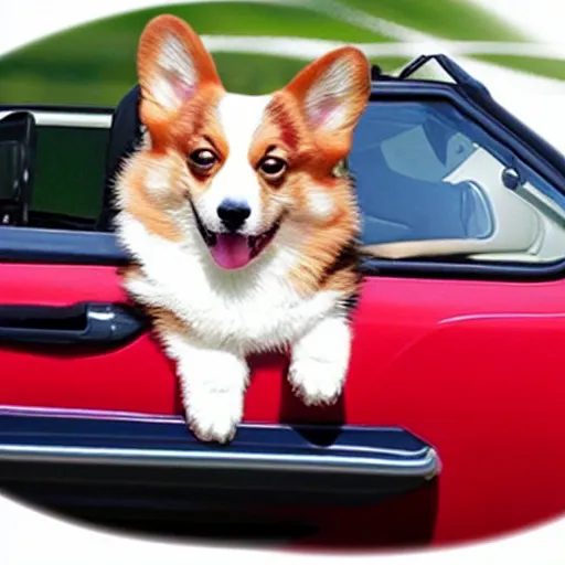 Image similar to corgi driving a red convertible wearing a sun visor, hyper realistic, cute, happy