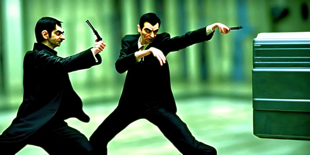 Image similar to hyper realistic, production still of neo ( ( mr. bean ) ) in the movie, the matrix ( 1 9 9 9 ), in an action fight sequence, 4 k, highly detailed, anamorphic