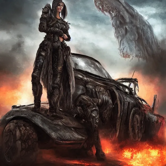 Prompt: beautiful apocalyptic woman in hooded cloak, standing on mad max muscle car, hyper-detailed, smooth, sharp focus, 4k ultra hd, fantasy dark art, tank girl, artgerm, artstation, octane render, elegant, detailed digital painting, apocalyptic art, gears of war, unreal engine, cryengine